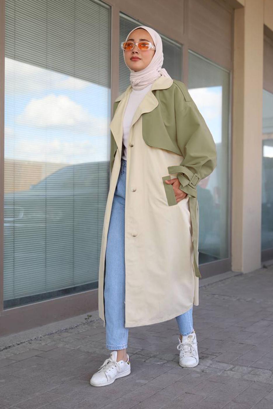 Hijab clothing GREEN BELTED TRENCH COAT 80080