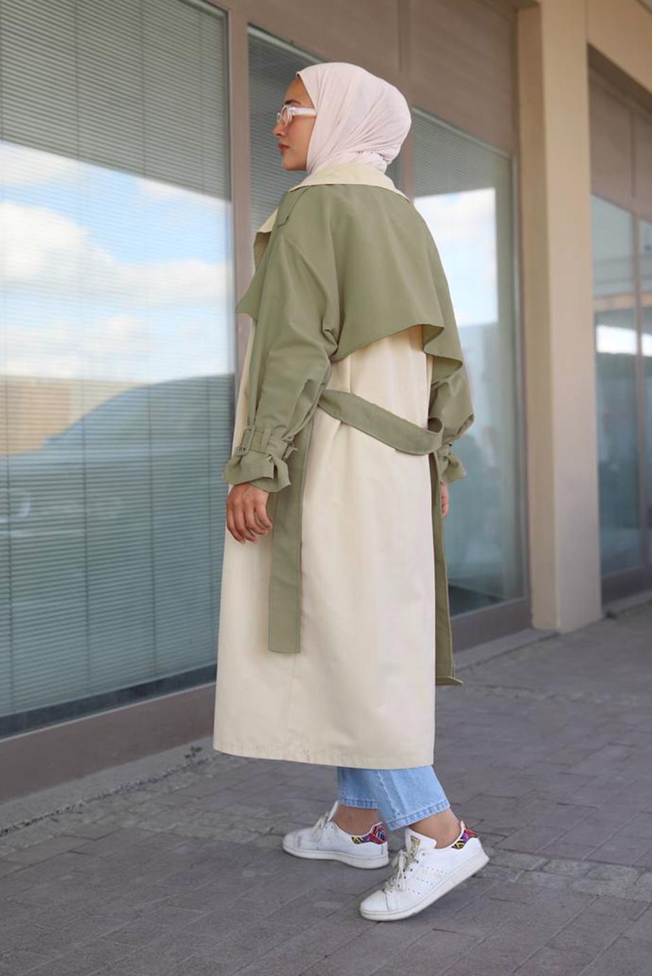 Hijab clothing GREEN BELTED TRENCH COAT 80080