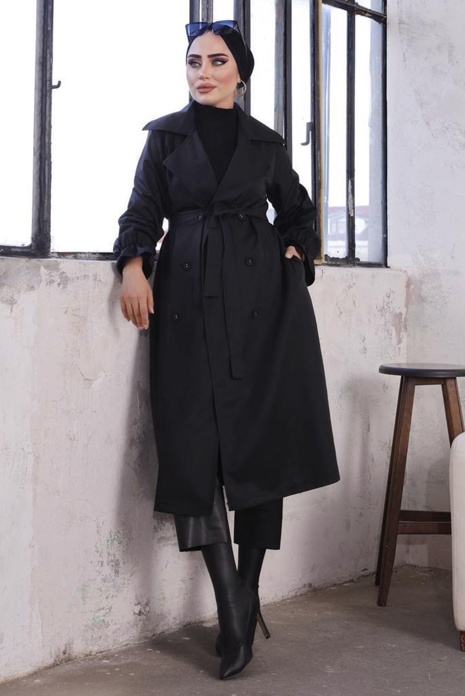 Tesettür giyim SİYAH DÜĞMELİ MANŞETLERİ LASTİKLİ TRENÇKOT T 8029