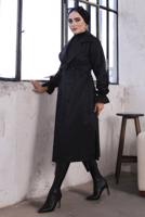 Tesettür giyim SİYAH DÜĞMELİ MANŞETLERİ LASTİKLİ TRENÇKOT T 8029