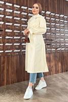 Tesettür giyim BEJ DÜĞMELİ MANŞETLERİ LASTİKLİ TRENÇKOT T 8029