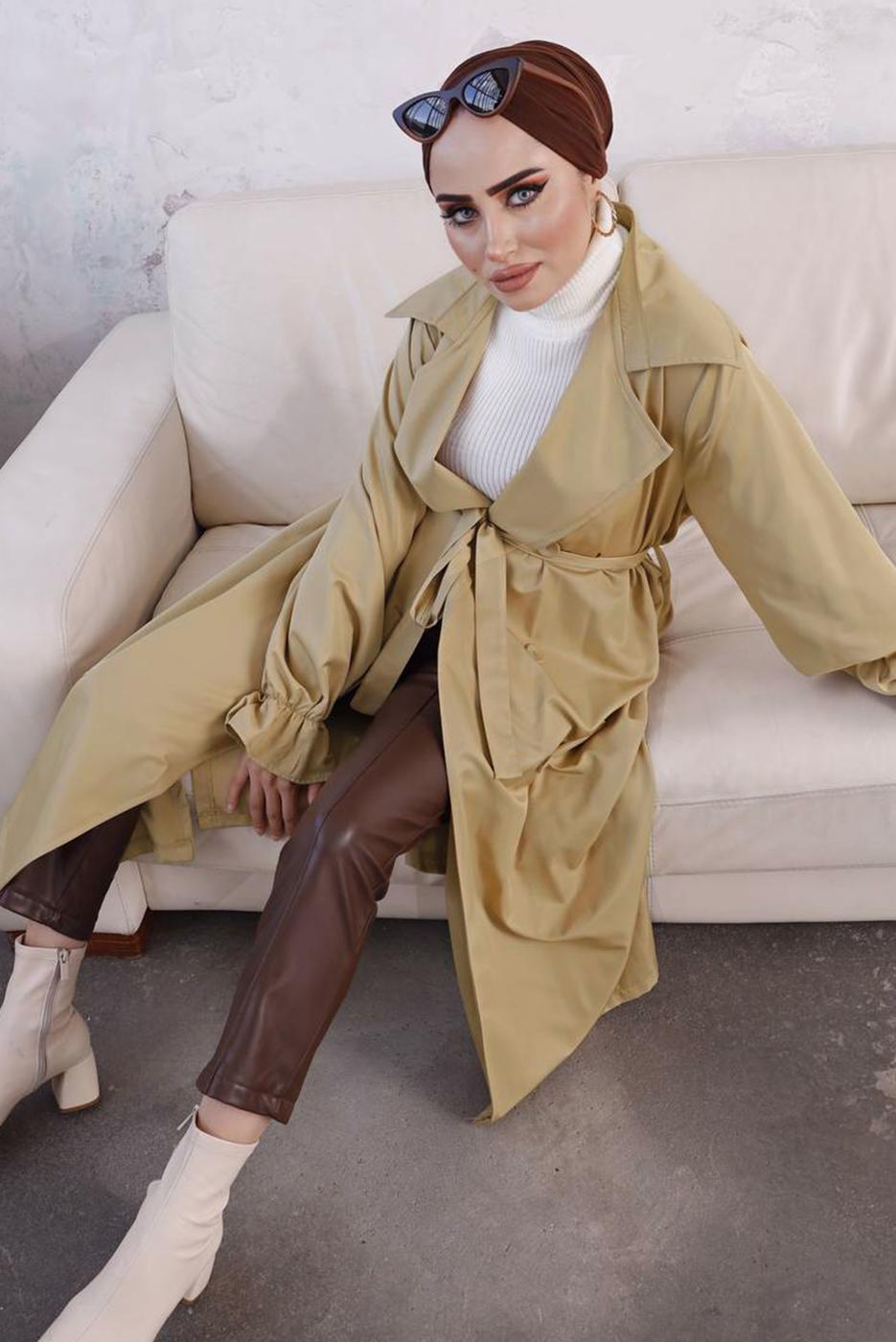 Tesettür giyim KAHVE DÜĞMELİ MANŞETLERİ LASTİKLİ TRENÇKOT T 8029