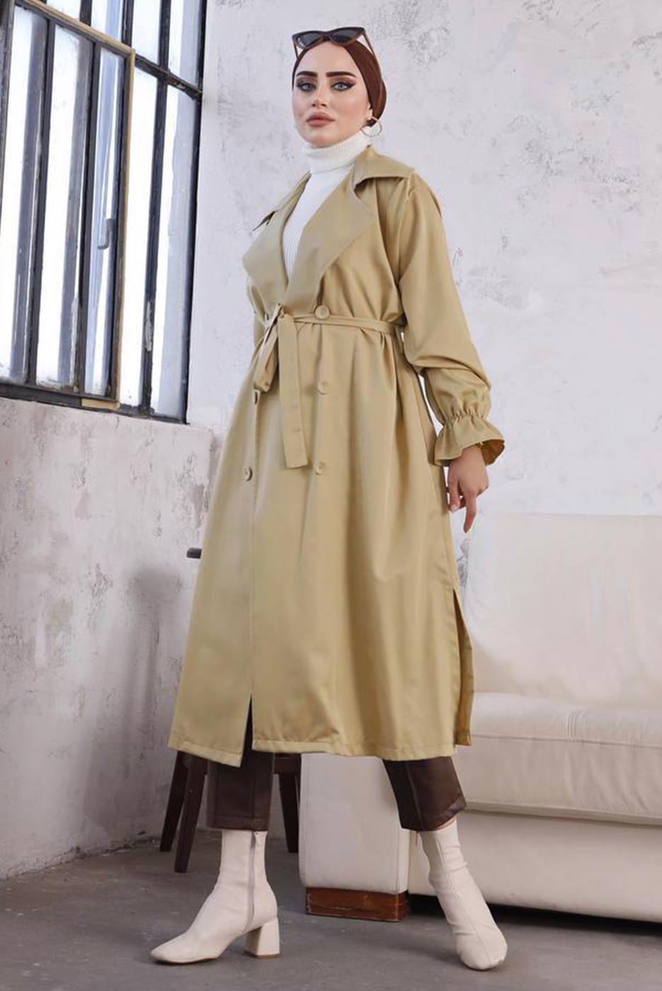 Tesettür giyim KAHVE DÜĞMELİ MANŞETLERİ LASTİKLİ TRENÇKOT T 8029