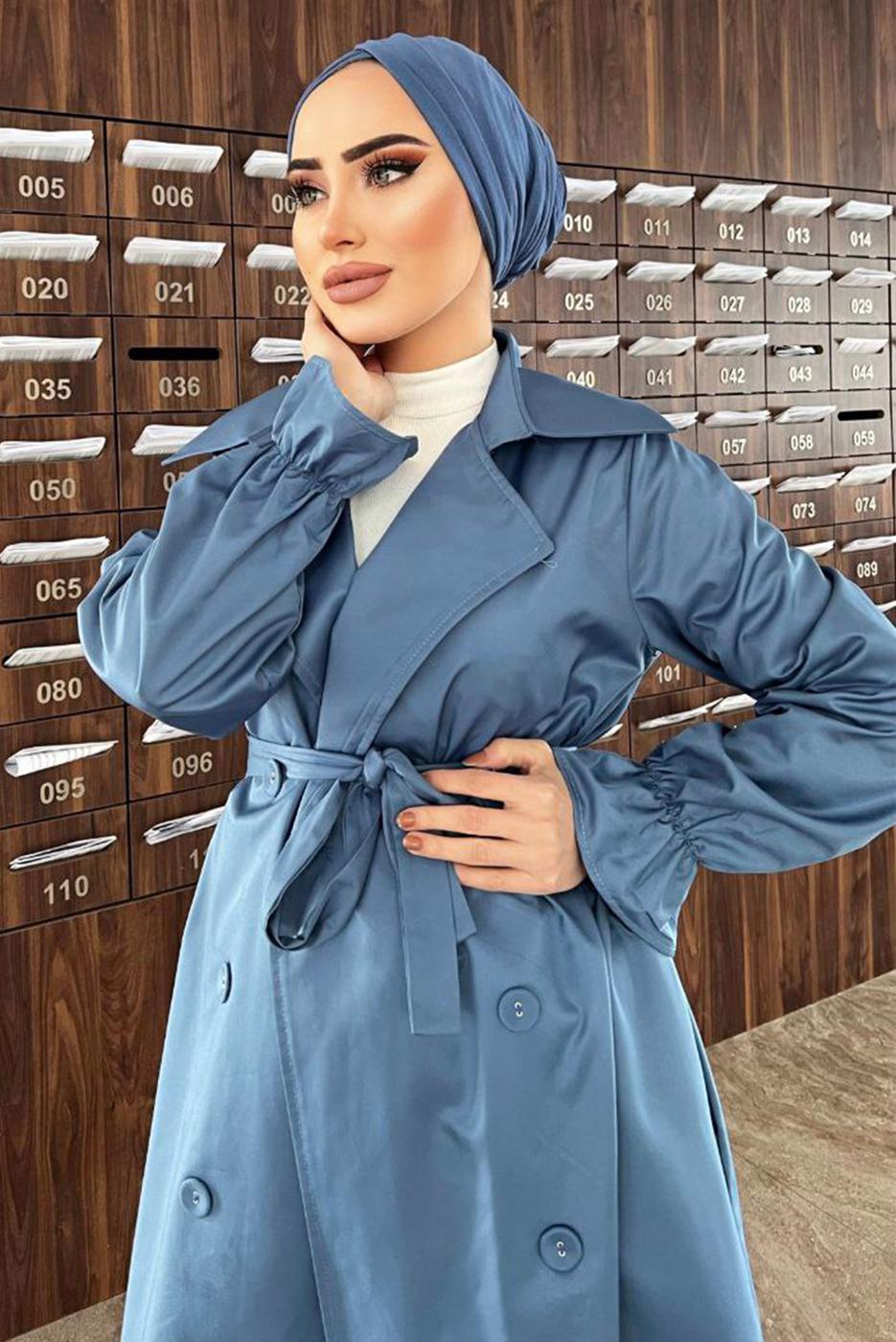 Tesettür giyim LACİVERT DÜĞMELİ MANŞETLERİ LASTİKLİ TRENÇKOT T 8029
