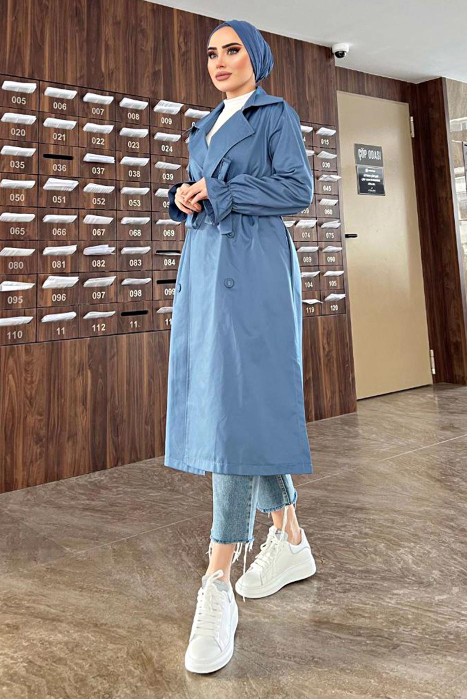 Tesettür giyim LACİVERT DÜĞMELİ MANŞETLERİ LASTİKLİ TRENÇKOT T 8029