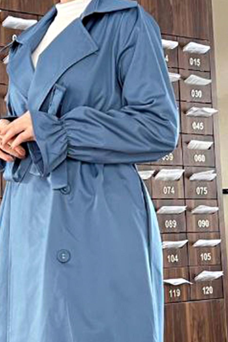 Tesettür giyim LACİVERT DÜĞMELİ MANŞETLERİ LASTİKLİ TRENÇKOT T 8029