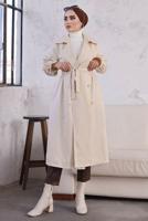 Tesettür giyim BEJ DÜĞMELİ MANŞETLERİ LASTİKLİ TRENÇKOT T 8029