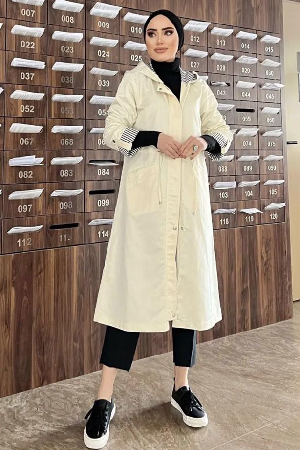 Vêtements hijab BEIGE TRENCH RAYÉ À CAPUCHE 9229 - TRENDTESETTÜR