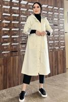 Tesettür giyim BEJ KAPÜŞONLU KOLU ÇİZGİLİ TRENÇKOT 9229 