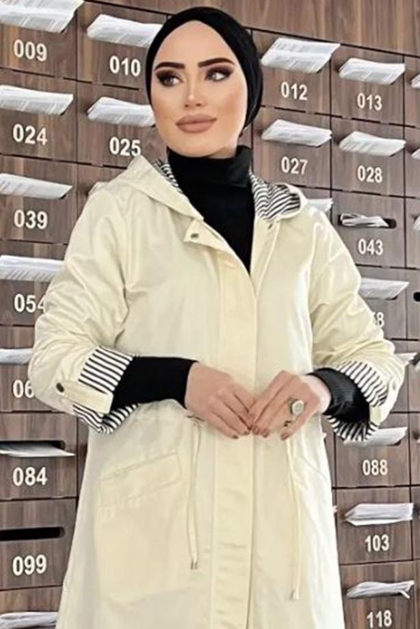 Vêtements hijab BEIGE TRENCH RAYÉ À CAPUCHE 9229 - TRENDTESETTÜR