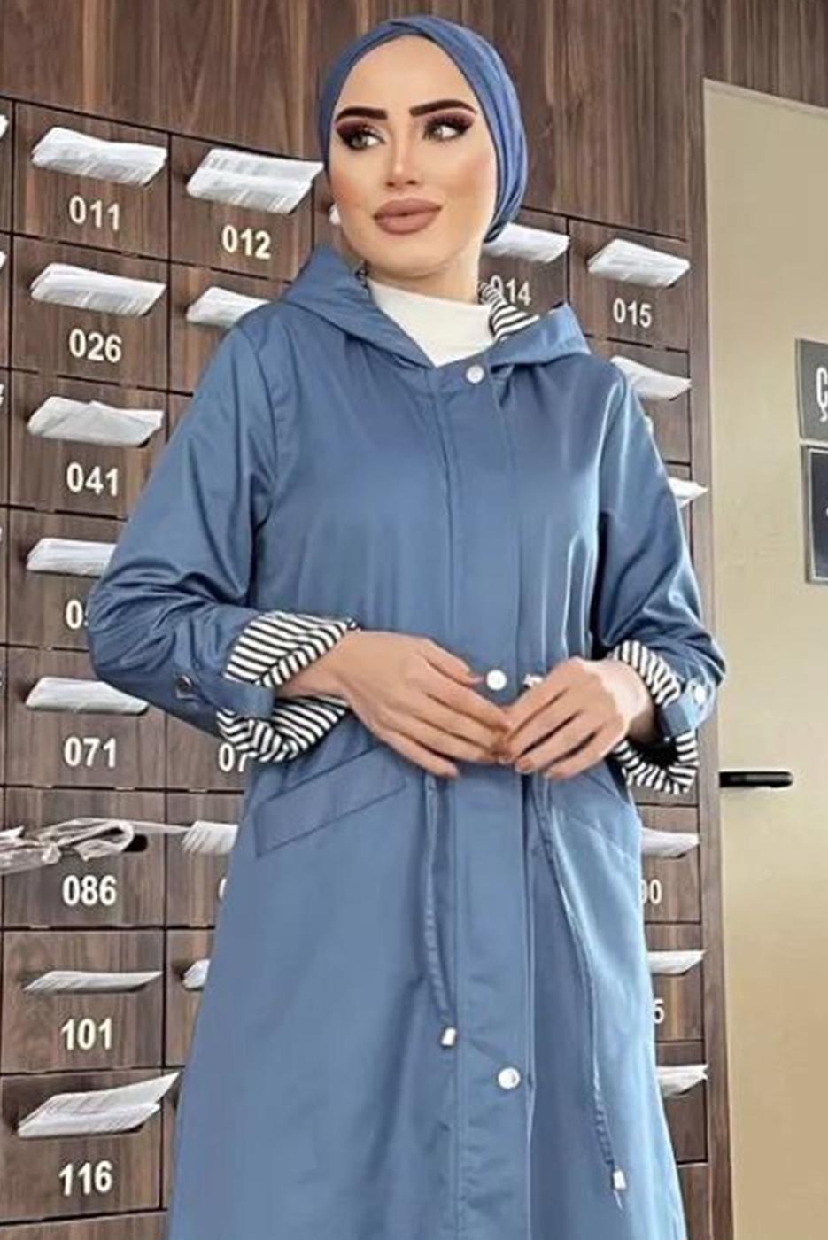 Tesettür giyim LACİVERT KAPÜŞONLU KOLU ÇİZGİLİ TRENÇKOT 9229 
