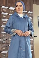 Tesettür giyim LACİVERT KAPÜŞONLU KOLU ÇİZGİLİ TRENÇKOT 9229 