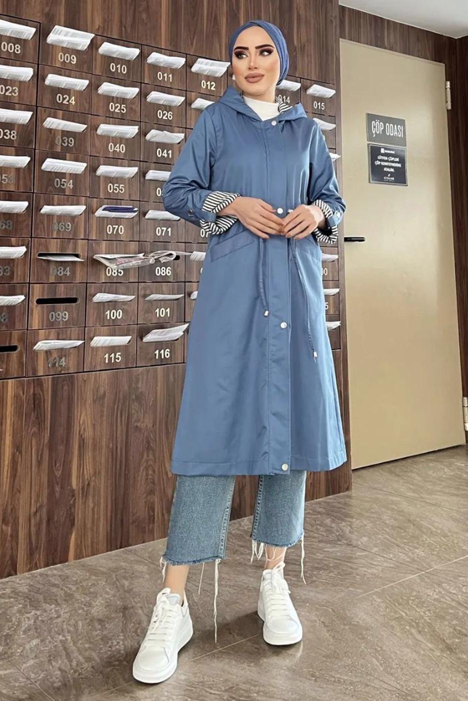 Tesettür giyim LACİVERT KAPÜŞONLU KOLU ÇİZGİLİ TRENÇKOT 9229 