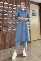 Tesettür giyim LACİVERT KAPÜŞONLU KOLU ÇİZGİLİ TRENÇKOT 9229 