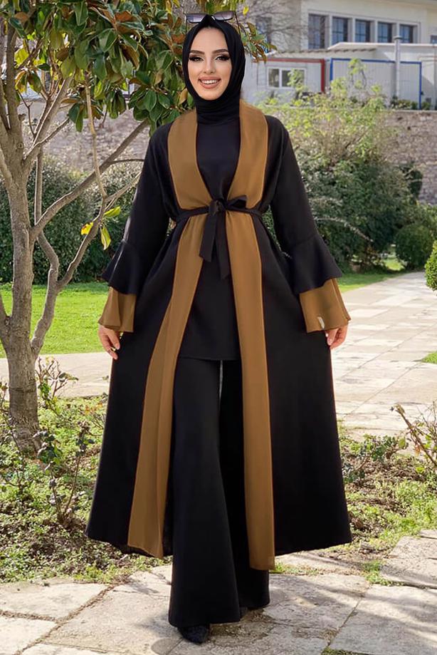 Vêtements hijab NOIR CAPE BICOLORE AVEC CEINTURE 9567 - TRENDTESETTÜR