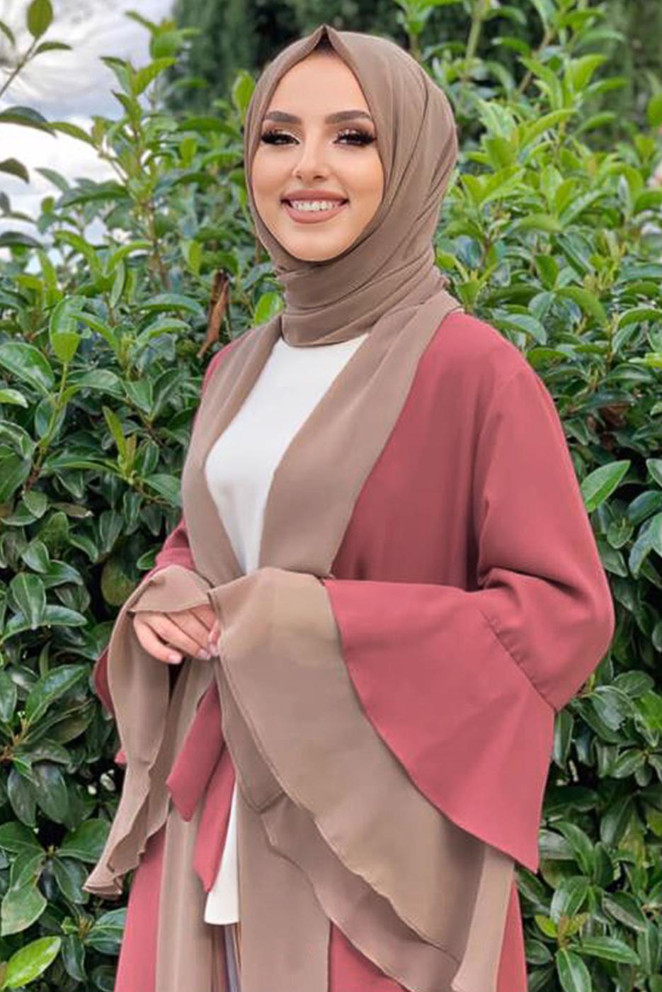 Tesettür giyim PEMBE KUŞAKLI İKİ RENK KAP 9567 