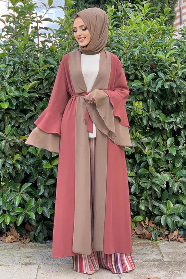 Vêtements hijab ROSE CAPE BICOLORE AVEC CEINTURE 9567 - TRENDTESETTÜR