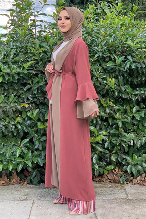 Vêtements hijab ROSE CAPE BICOLORE AVEC CEINTURE 9567 - TRENDTESETTÜR
