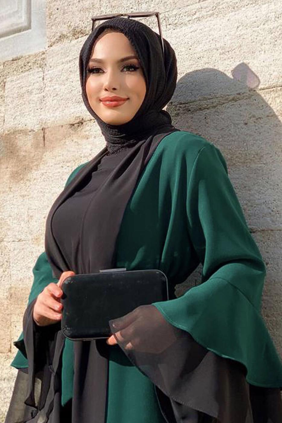Tesettür giyim YEŞİL KUŞAKLI İKİ RENK KAP 9567 