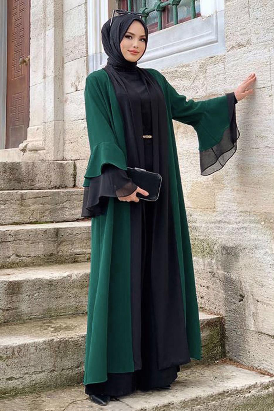 Tesettür giyim YEŞİL KUŞAKLI İKİ RENK KAP 9567 