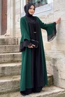 Tesettür giyim YEŞİL KUŞAKLI İKİ RENK KAP 9567 