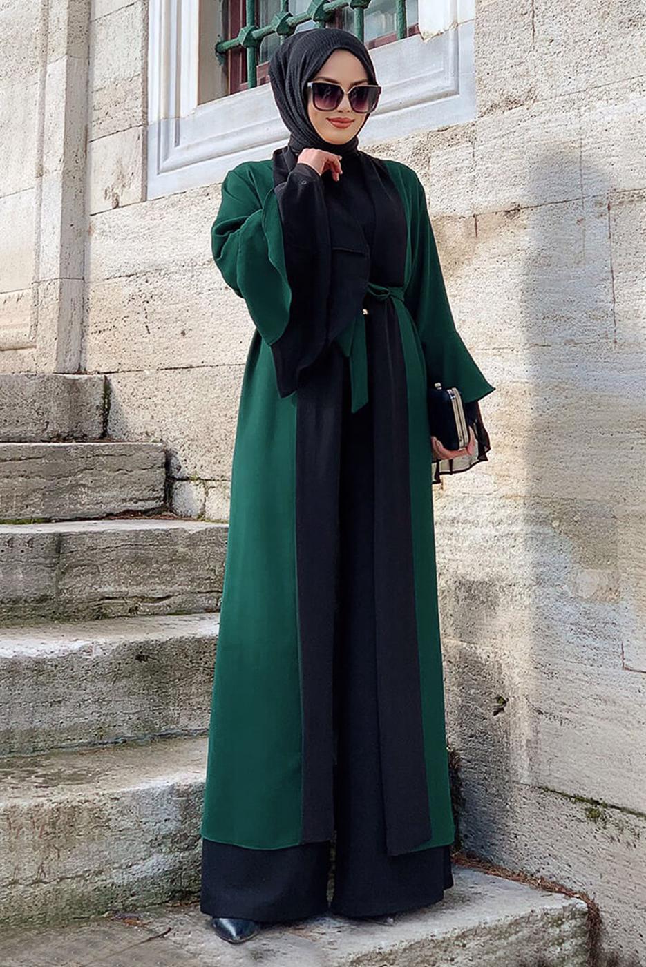 Tesettür giyim YEŞİL KUŞAKLI İKİ RENK KAP 9567 