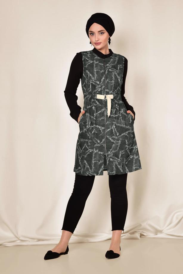 Tesettür giyim GRİ ALVİNA BELİ BÜZGÜLÜ DESENLİ YELEK 4981  - TRENDTESETTÜR