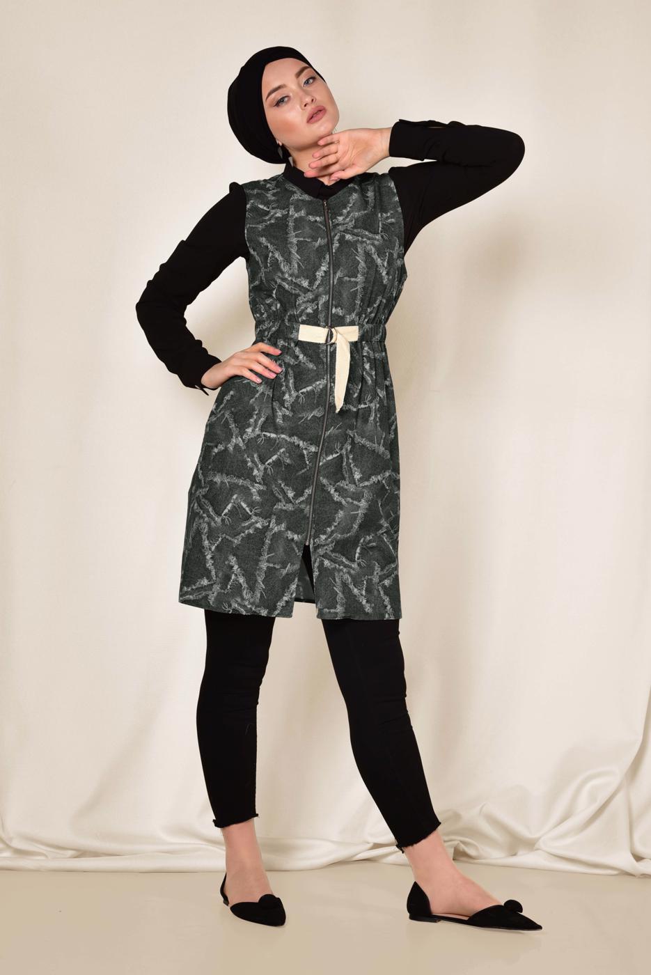 Vêtements hijab GRIS ALVİNA GILET À MOTIFS À LA TAILLE 4981