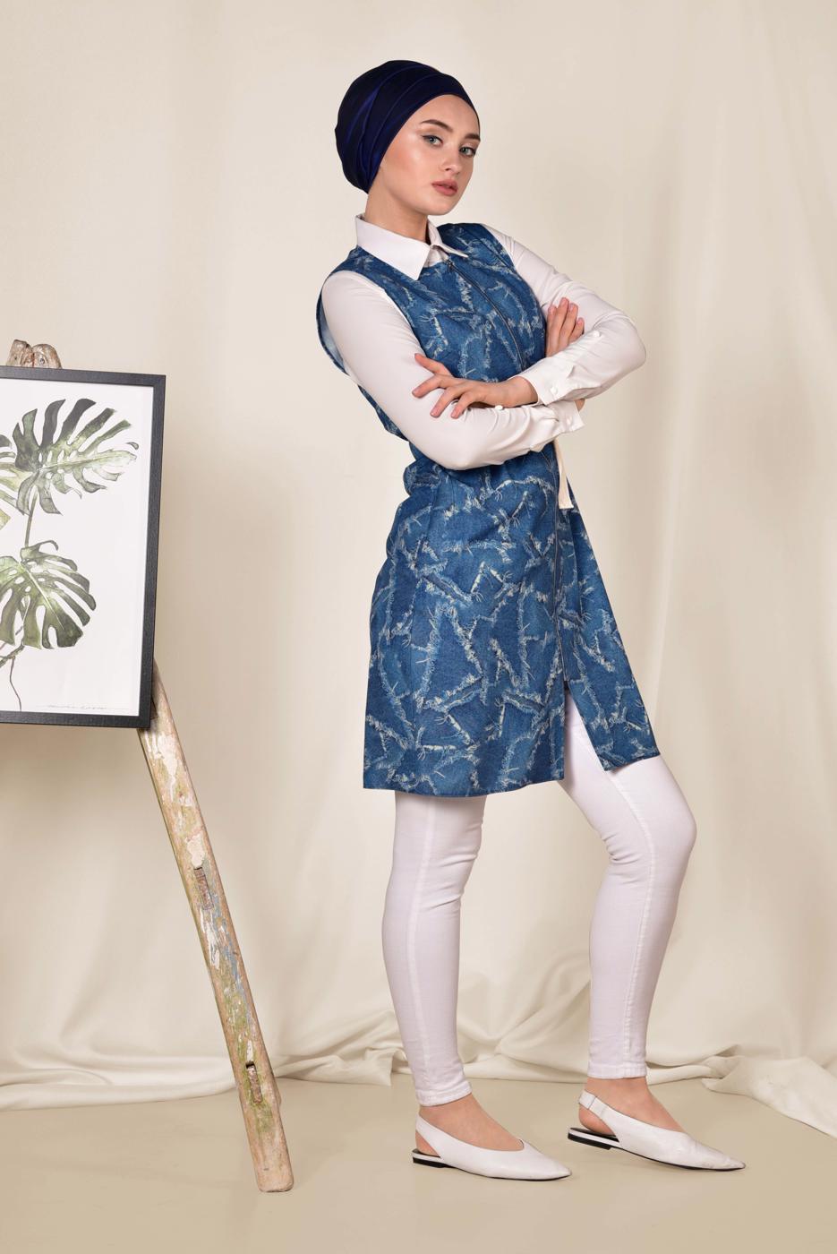 Tesettür giyim LACİVERT ALVİNA BELİ BÜZGÜLÜ DESENLİ YELEK 4981 