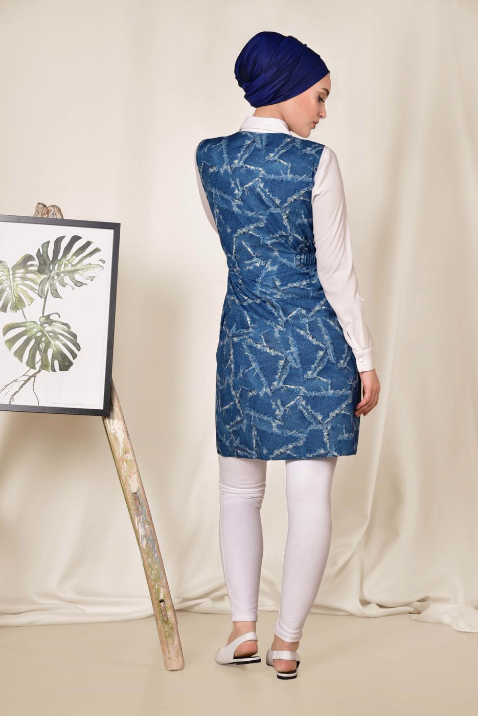 Vêtements hijab BLEU MARINE ALVİNA GILET À MOTIFS À LA TAILLE 4981