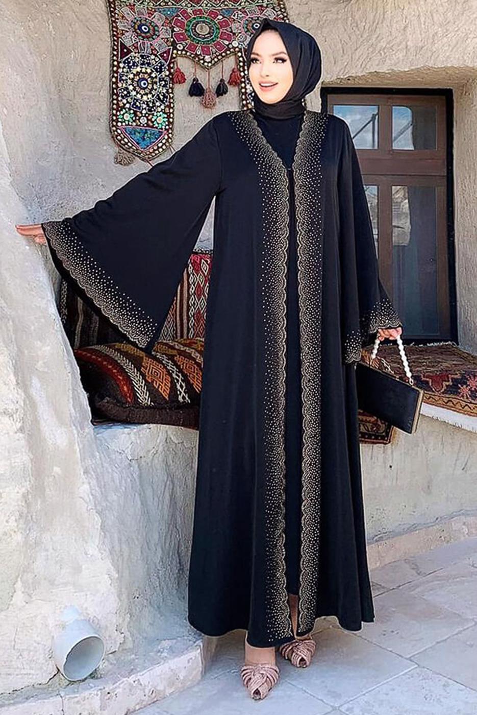 Tesettür giyim SİYAH GENİŞ KOLLU TAŞLI ABAYA 0967