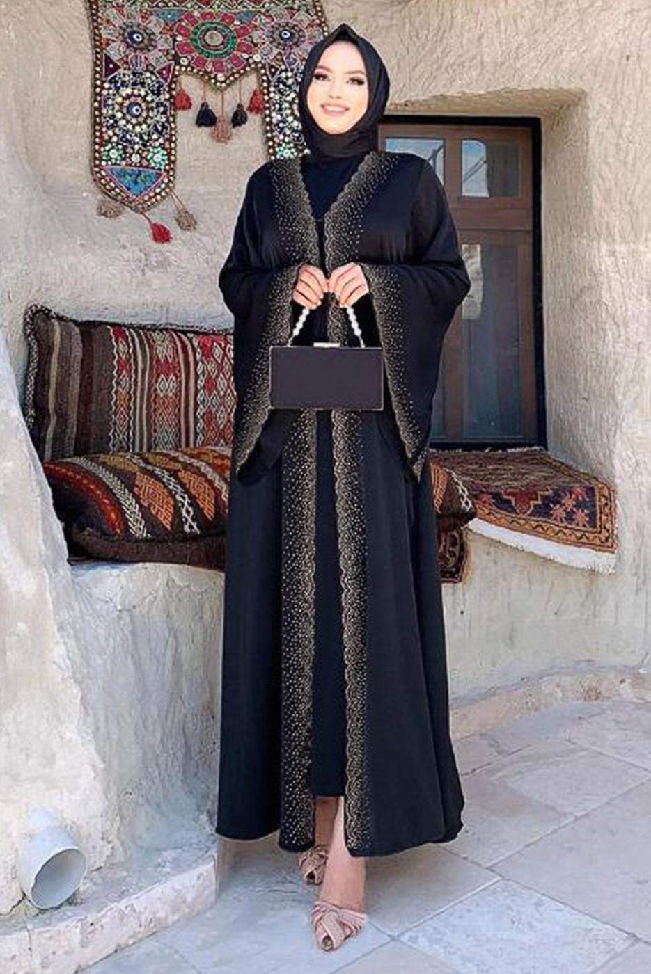Tesettür giyim SİYAH GENİŞ KOLLU TAŞLI ABAYA 0967
