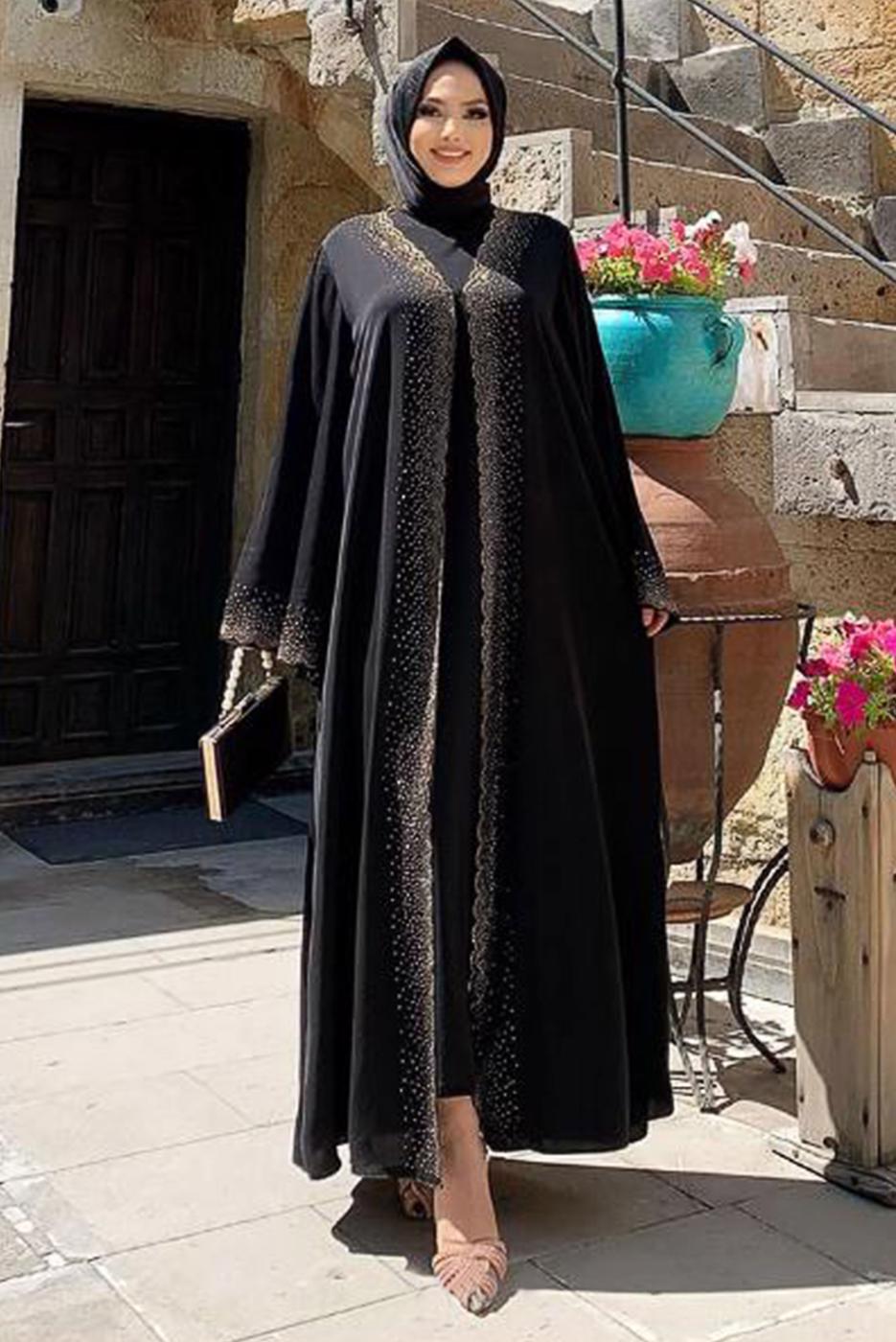 Tesettür giyim SİYAH GENİŞ KOLLU TAŞLI ABAYA 0967