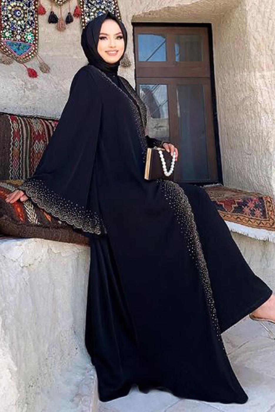 Tesettür giyim SİYAH GENİŞ KOLLU TAŞLI ABAYA 0967