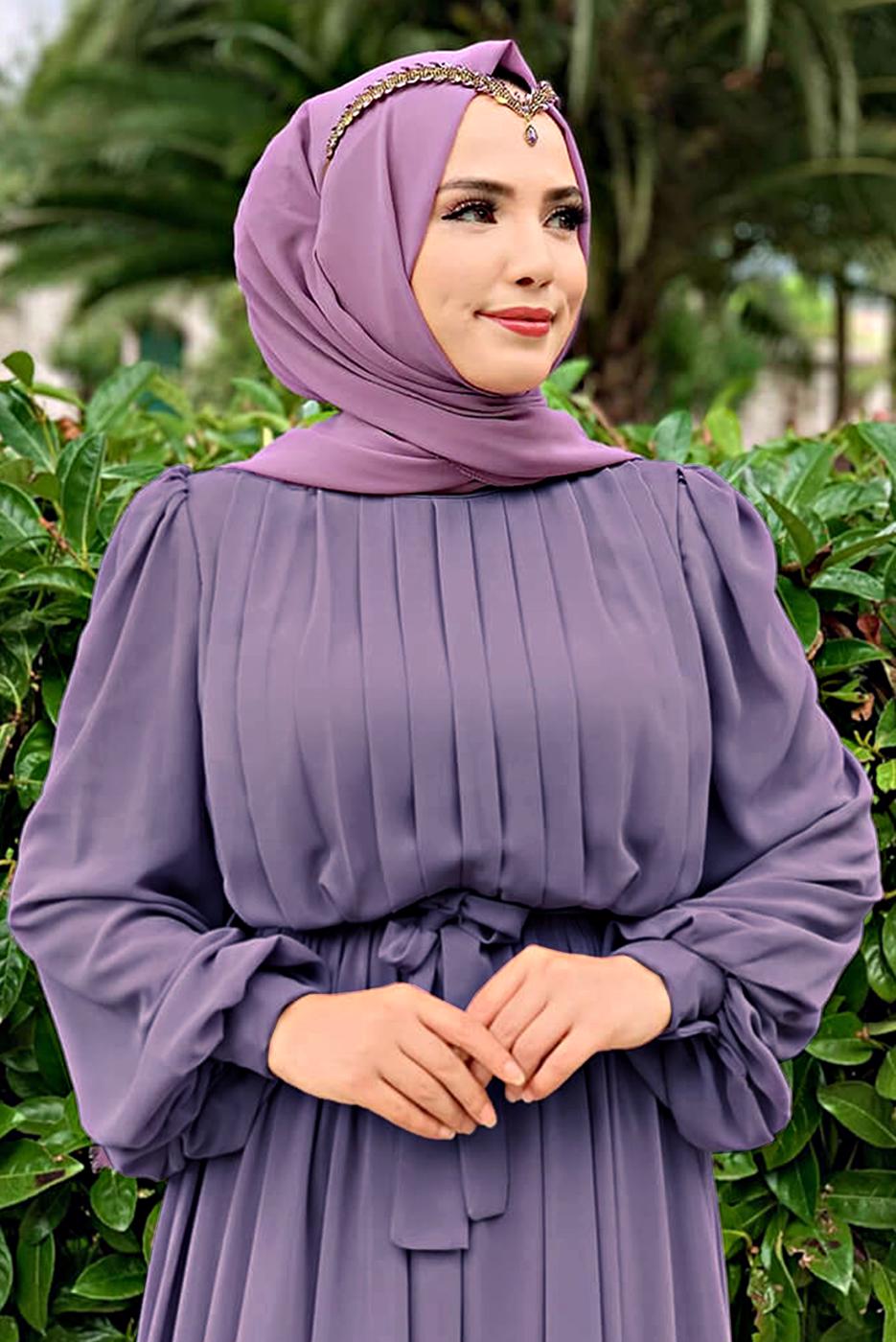 Tesettür giyim MOR FIRFIRLI KUŞAKLI ŞİFON ELBİSE T 6794