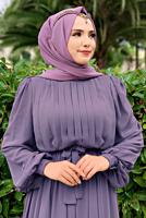 Tesettür giyim MOR FIRFIRLI KUŞAKLI ŞİFON ELBİSE T 6794