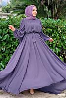 Tesettür giyim MOR FIRFIRLI KUŞAKLI ŞİFON ELBİSE T 6794
