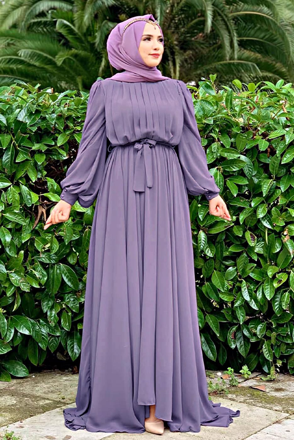 Tesettür giyim MOR FIRFIRLI KUŞAKLI ŞİFON ELBİSE T 6794