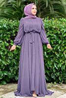Tesettür giyim MOR FIRFIRLI KUŞAKLI ŞİFON ELBİSE T 6794
