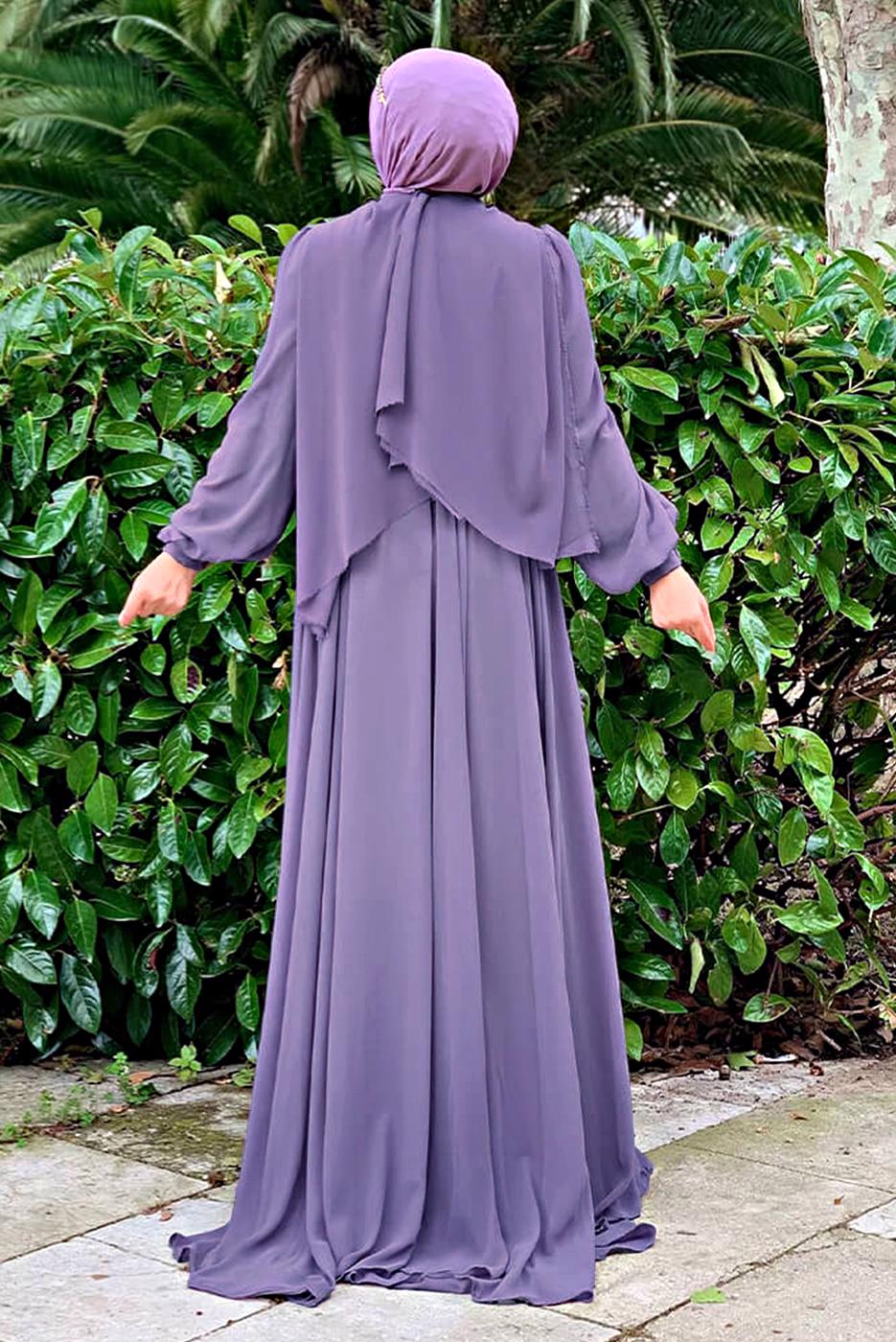 Tesettür giyim MOR FIRFIRLI KUŞAKLI ŞİFON ELBİSE T 6794