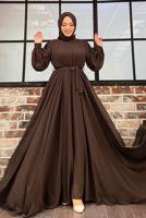 Tesettür giyim KAHVE FIRFIRLI KUŞAKLI ŞİFON ELBİSE T 6794