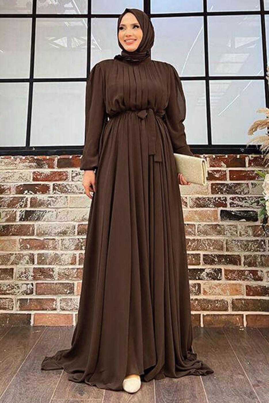 Tesettür giyim KAHVE FIRFIRLI KUŞAKLI ŞİFON ELBİSE T 6794