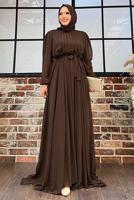 Tesettür giyim KAHVE FIRFIRLI KUŞAKLI ŞİFON ELBİSE T 6794