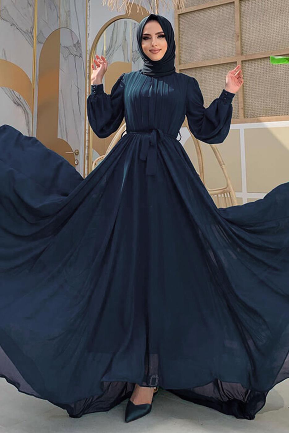 Tesettür giyim LACİVERT FIRFIRLI KUŞAKLI ŞİFON ELBİSE T 6794