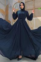 Tesettür giyim LACİVERT FIRFIRLI KUŞAKLI ŞİFON ELBİSE T 6794