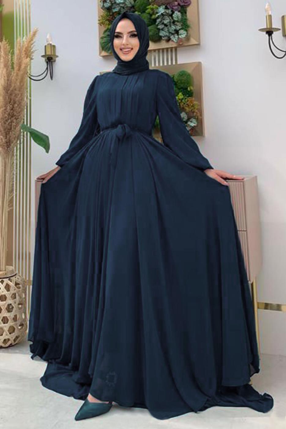 Tesettür giyim LACİVERT FIRFIRLI KUŞAKLI ŞİFON ELBİSE T 6794