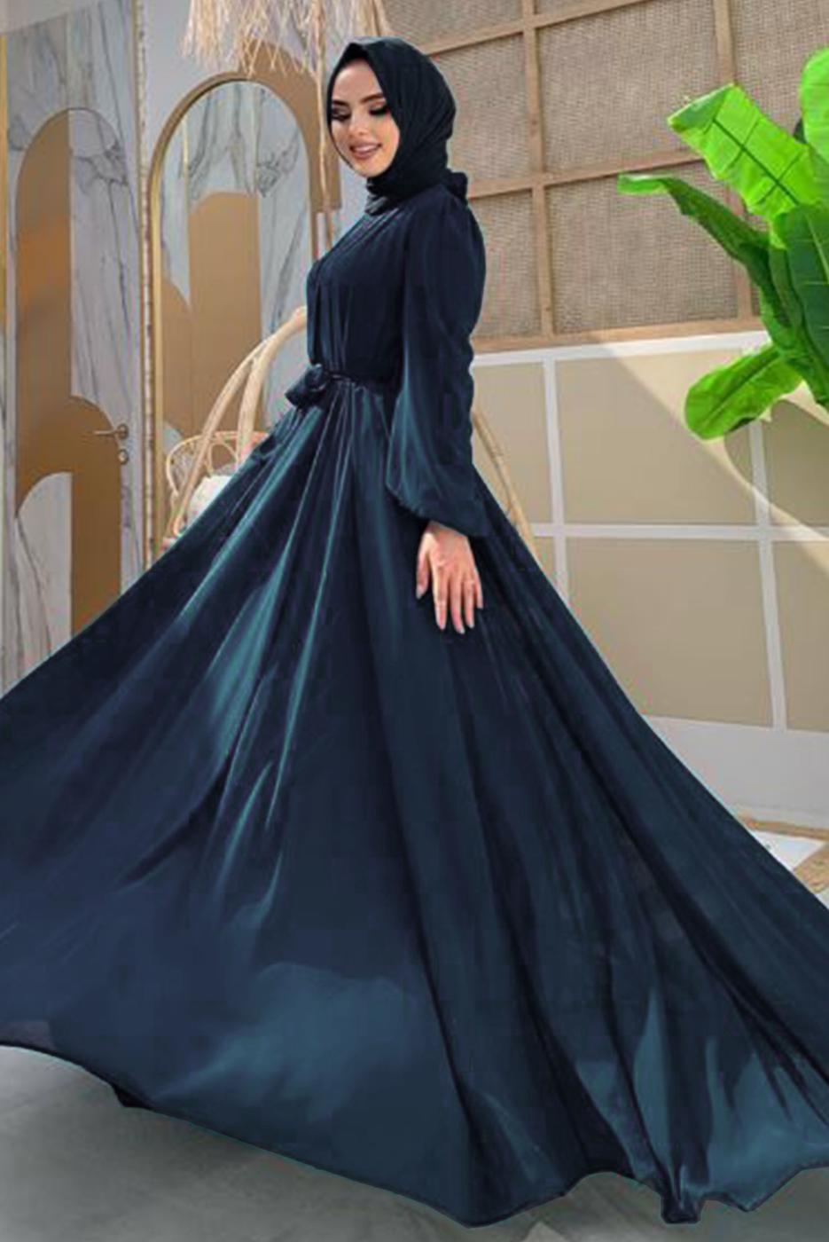 Tesettür giyim LACİVERT FIRFIRLI KUŞAKLI ŞİFON ELBİSE T 6794