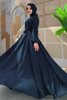 Tesettür giyim LACİVERT FIRFIRLI KUŞAKLI ŞİFON ELBİSE T 6794