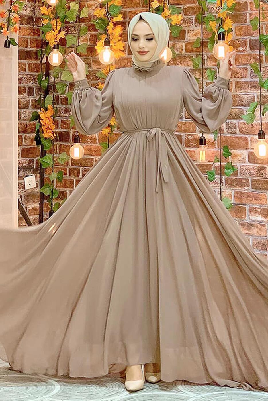 Tesettür giyim VİZON FIRFIRLI KUŞAKLI ŞİFON ELBİSE T 6794