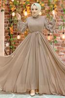 Tesettür giyim VİZON FIRFIRLI KUŞAKLI ŞİFON ELBİSE T 6794